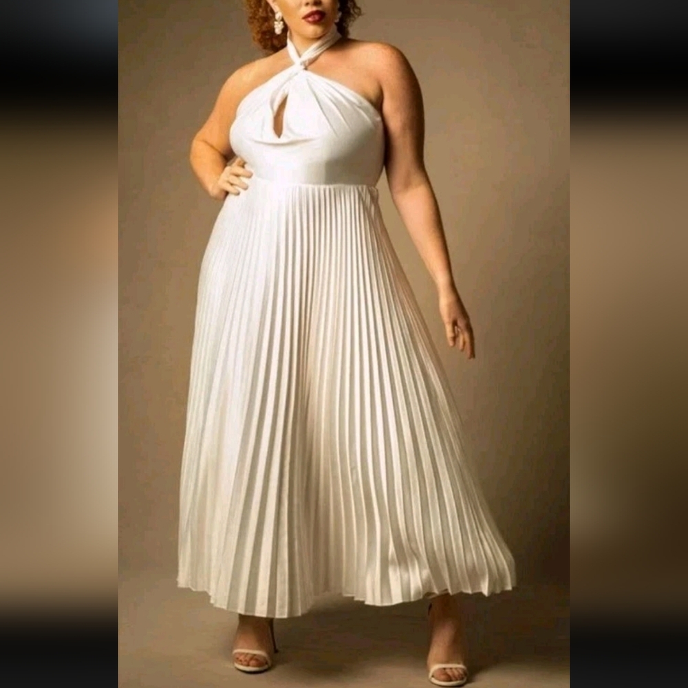 Eloquii Cream Halter Pleated Maxi Dress